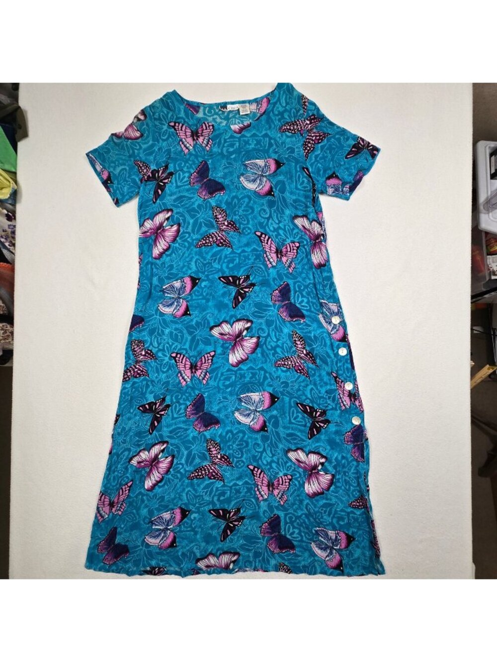 Vtg La Cera Small Maxi Dress Blue Butterfly Print Short Sleeve Boho 90s